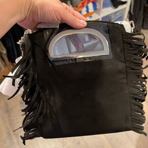 White House black market fringe clutch crossbody black faux suede purse vegan